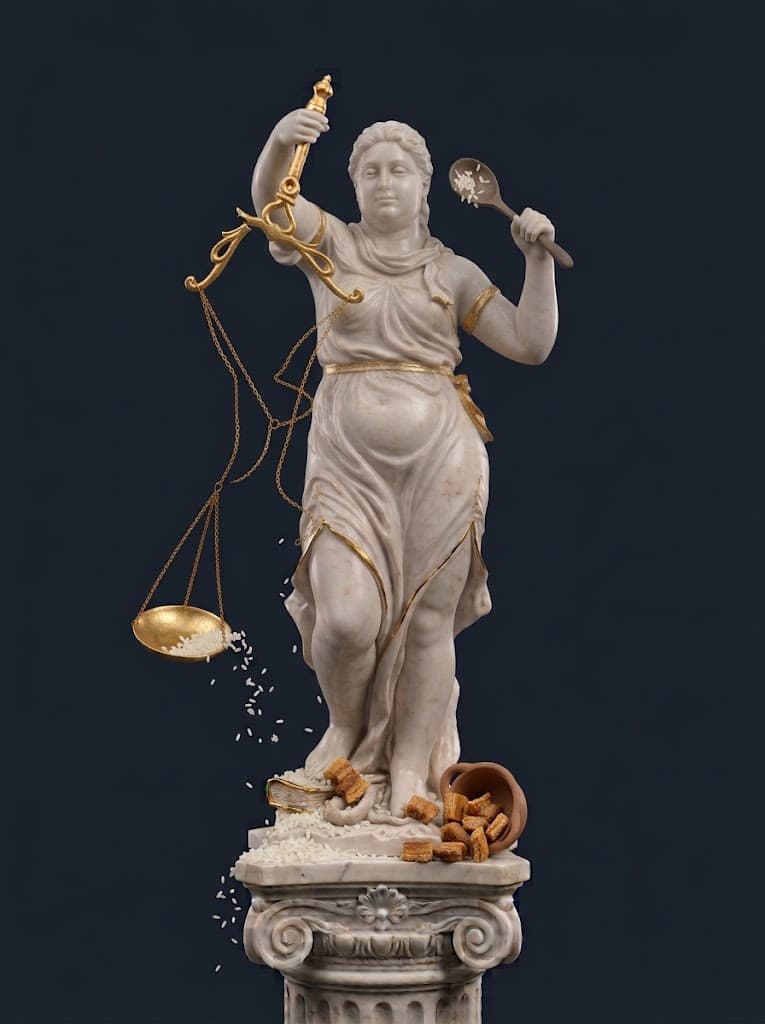 Lady Justice statue with a broken scale, rice and lechon kawali spilled on the pedestal