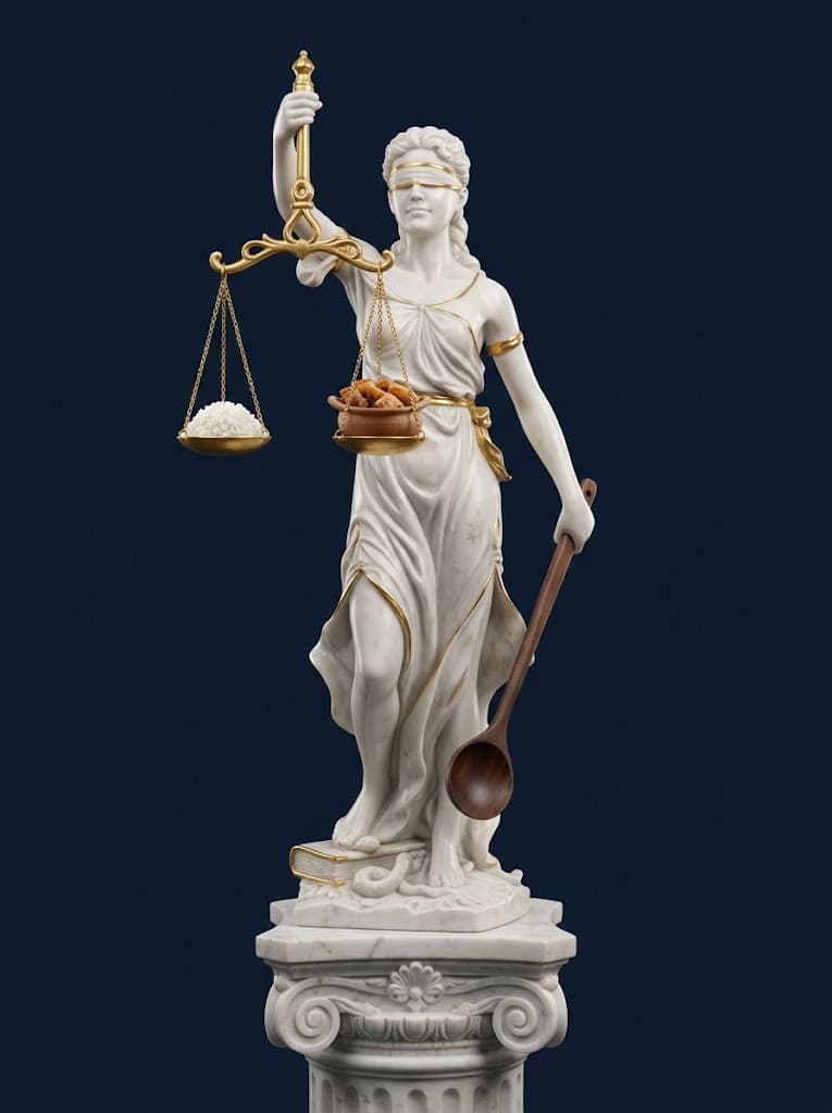 Lady Justice statue, calm and blindfolded, holding a level scale of rice and ulam