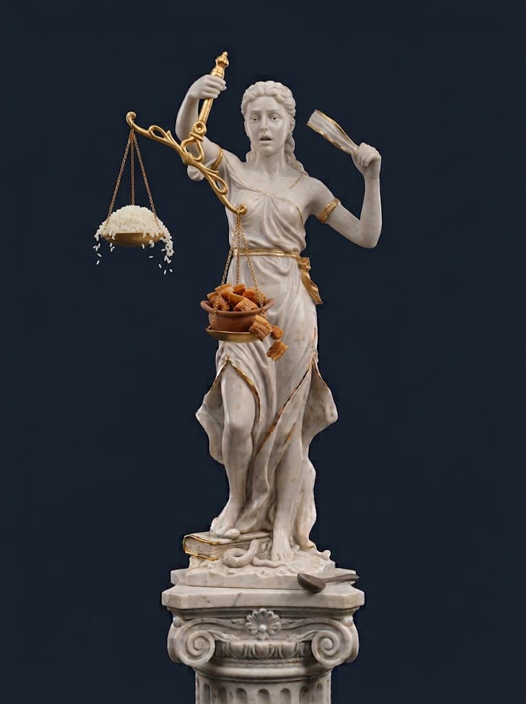 Lady Justice statue throwing off her blindfold in surprise as both plates overflow