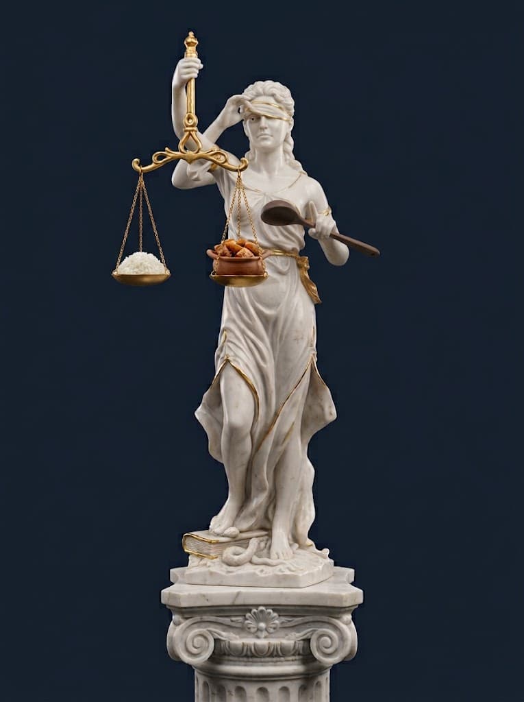 Lady Justice statue lifting one side of her blindfold to glance at the food
